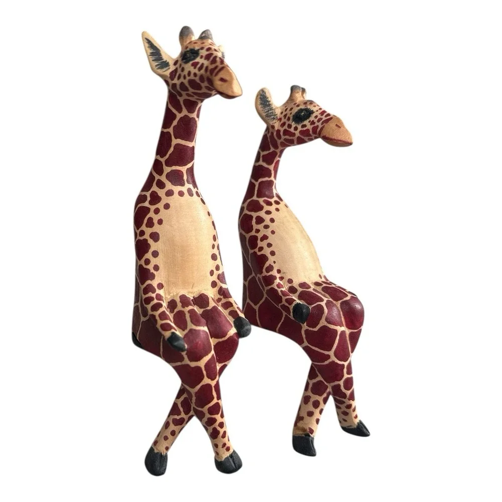 2 Hand Carved Wooden Giraffe Shelf Sitter Figurine African Safari Animal Decor